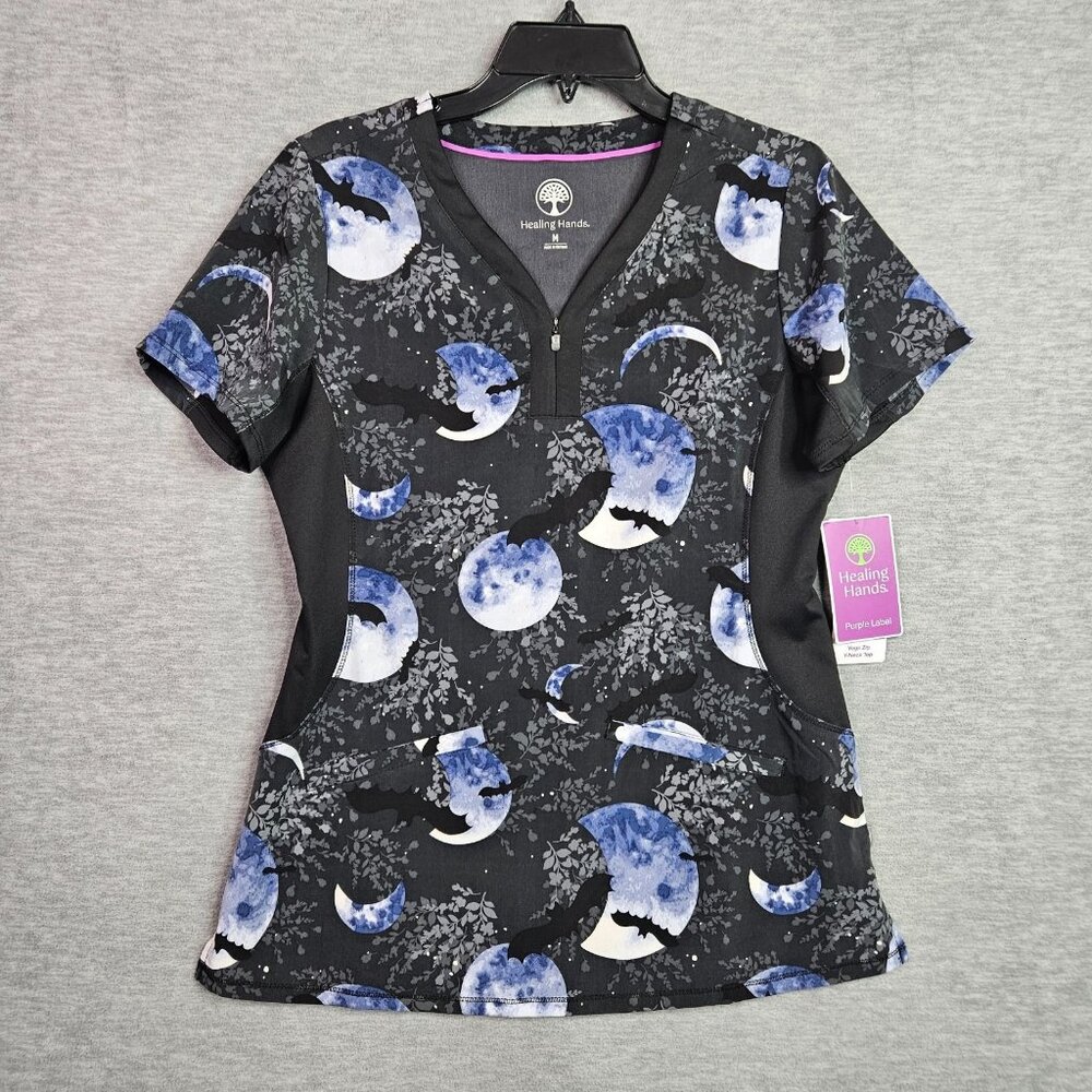 Healing Hands Jessi Scrub Y-neck Yoga Zip Wichket Moon Top Size M NEW